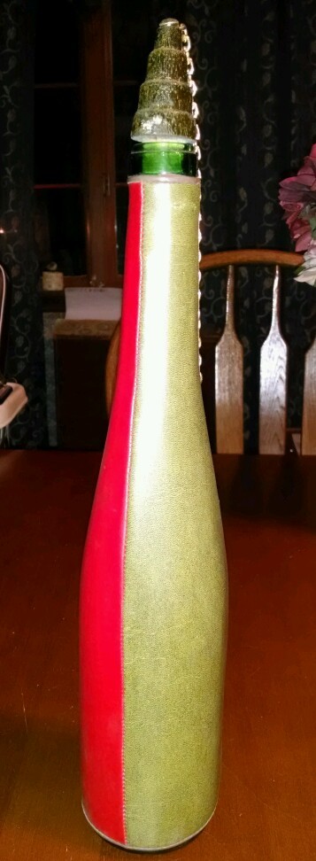 Vntg Leather Wine Bottle. Probably Italy, Green, White, Red, With Wood Stopper