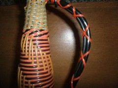 16  » Vintage Wine Bottle, Glass Wrapped -w- Woven Plastic Cord -w- Handle Red 1