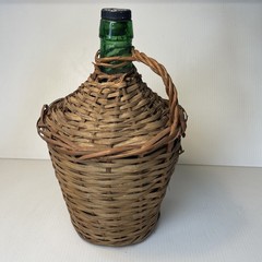 Vtg Wicker Wrapped Demijohn De Muller Spain Green Glass Wine Bottle 13” h x 9” w