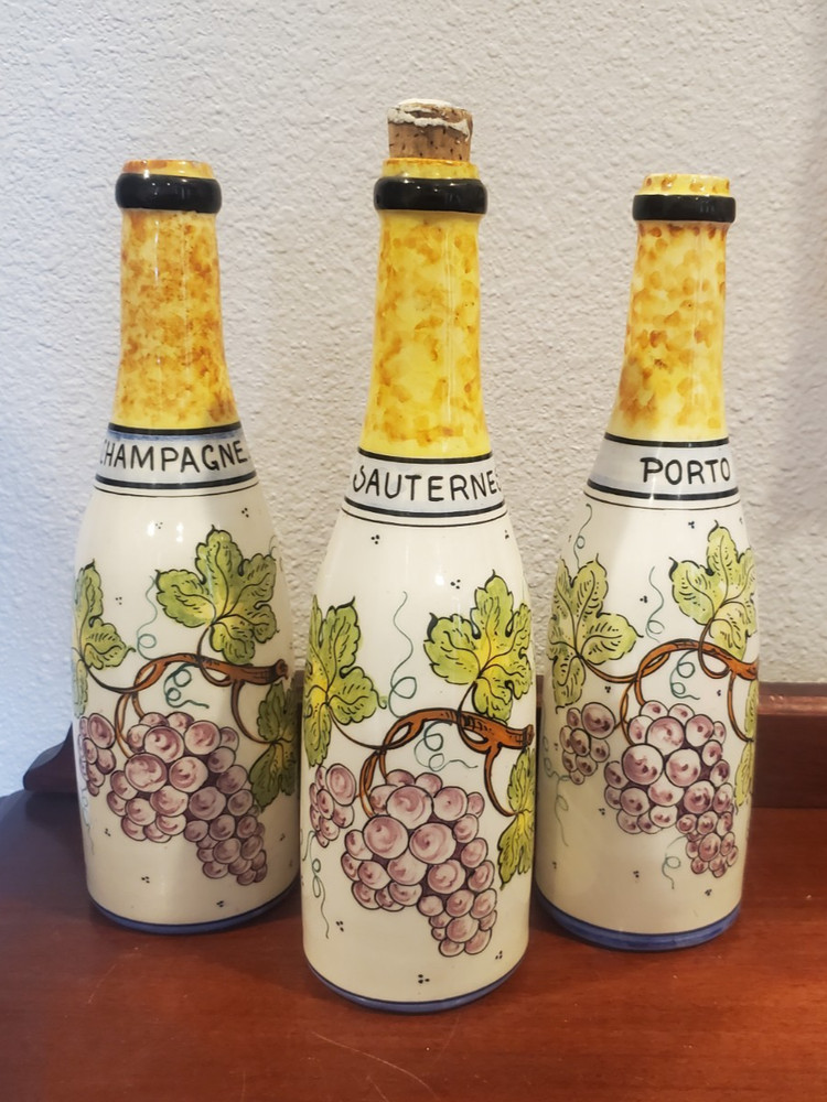 3 DECORATIVE Wine Bottles Hand Painted CHAMPAGNE REIMS PORTUGAL Bordeaux FRANCE