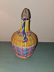 Vintage Mid Century Viresa Green Glass Bottle Woven With Rattan