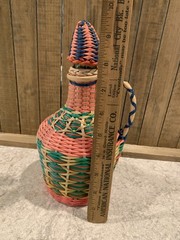 Vintage Green Viresa Glass Bottle Wrapped In Colorful Plastic Wicker 9.5” Tall