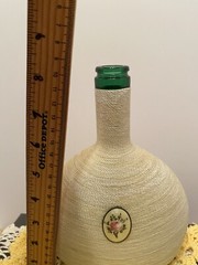 Twine Wrapped Liquor Bottle W/ Floral Medallion Rare Green Glass MCM Bar Decor