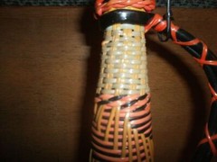 16  » Vintage Wine Bottle, Glass Wrapped -w- Woven Plastic Cord -w- Handle Red 1