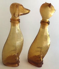 Empoli Figural Cat Dog Amber Glass Carafe Decanter Genie Bottle Pair MCM 1960s