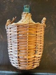 Vintage Wine Bottle Wrapped In Wicker 1 Gallon Green Glass Marbella Collectible