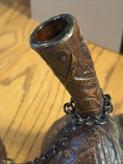 Vintage Tooled Leather Covered Wine Decanter 8” Tall Liquor MCM Oil See Photos