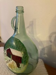 Hand Painted Winter Covered Bridge on Half Gallon Glass Jug Wine Bottle Folk Art
