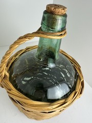 Vintage Farmhouse Demijohn Wine Bottle Aqua Glass, Wicker Wrapped, 12” Tall