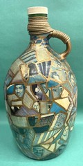 Vintage Green Glass Jug 4 L/1 GalHand decorated Decoupage w Faces 13&Prime; tall