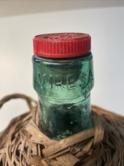 Vtg Wicker Wrapped Demijohn Label DALMAU Spain Green Glass Wine Bottle 13” tall