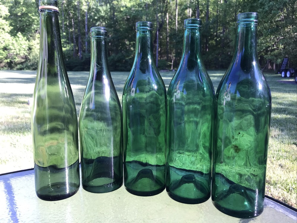 VINTAGE HEAVY (4) Green GLASS WINE BOTTLE BUBBLE BOTTOM 12” Made In Italy F61