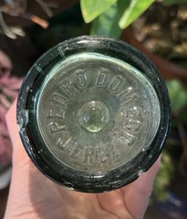 Pedro Domecq VTG Spanish Wine Embossed Crest Aqua Blown Glass Bottle 11.5”