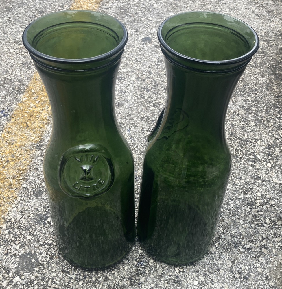 Pair Of (2) Huge Antique Vin Litre Green Glass Decanters Super Heavy French Wine