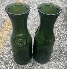 Pair Of (2) Huge Antique Vin Litre Green Glass Decanters Super Heavy French Wine