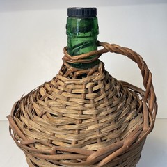 Vtg Wicker Wrapped Demijohn De Muller Spain Green Glass Wine Bottle 13” h x 9” w