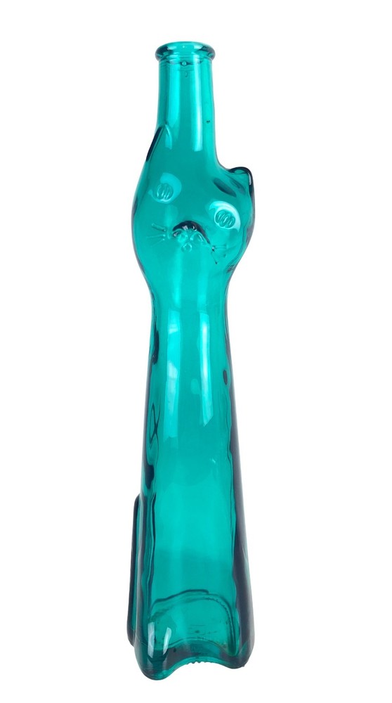 Rheinhessen Riesling Cat Figural Glass Bottle Teal Blue 13.5&Prime; Tall