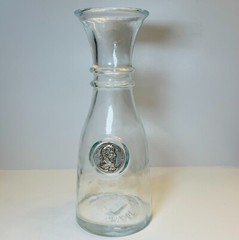Vtg Wine Clear Glass Carafe Decanter Raised Faux Antique Gold Finish Medall Rare