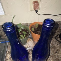 Pair of Blue Glass Wine Bottles Collectible Modern Decorative Home Bar Display
