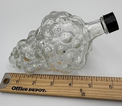 Vintage Clear Glass Grape Cluster Figural Bottle Decanter with Black Screw Cap
