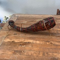 Vintage Plastic Wicker Wrapped Wine Bottle Decanter Iberia 60’s Red Brown Black