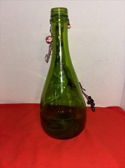 Vintage Green Glass Wine Bottle-12” Tall-1.5 Liter- Berries On Handle Chipping