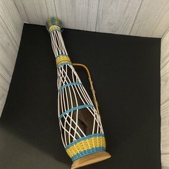 Vintage Plastic Wicker Wrapped Wine Bottle Decanter Mid Century Bohemian Style