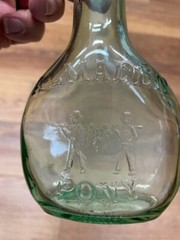 4 Vintage Small Almaden Pony Green Glass Wine Bottles 187 ML w Wood Carrier
