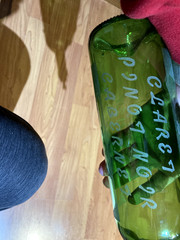 Beautiful Hand Etched Wine Bottle With City Skyline and Whimsical Figures