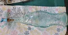Italian Aqua Blue Fish Shaped Wine Bottle 13&Prime; VTG Glass With Fish Tail Cork EUC