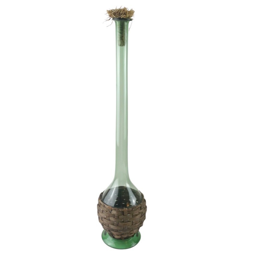 Vintage Demijohn Wine Bottle Carafe Decanter Green Glass Wicker Basket Wrap 20&Prime;