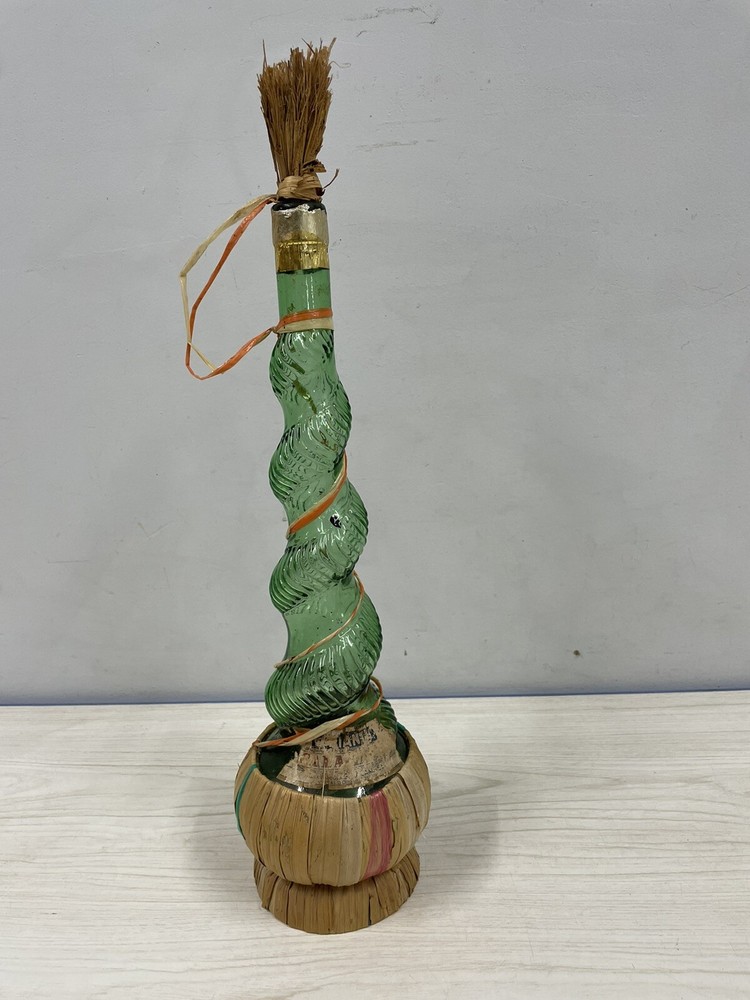 Vintage 18” Corkscrew Shape Empty Green Glass Wine Bottle Basket & Label