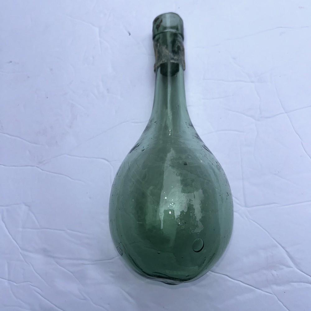Antique Vintage Hand Blown Wine Bottle Torpedo Round Bottom Green Glass 8.5”