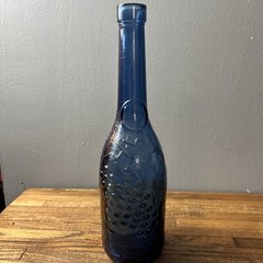VTG Cobalt Blue European Wine Bottle With Embossed Grapes And Leaves 12” X 3.25”