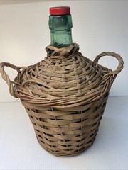 Vtg Wicker Wrapped Demijohn Label DALMAU Spain Green Glass Wine Bottle 13” tall