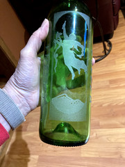 Beautiful Hand Etched Wine Bottle With City Skyline and Whimsical Figures