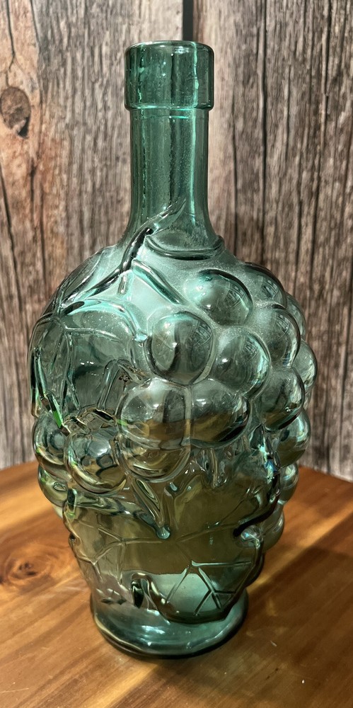 Clear Blue Green Grape Vineyard Design Wine Bottle 9” tall Rare Vintage