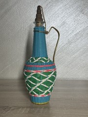 Vintage Spain Wine Bottle Plastic Woven Wicker Metal Handle