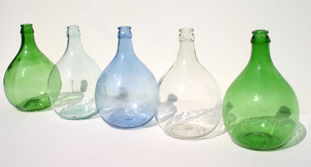 AMAZING SELECTION OF 5 LITERS VINTAGE DEMIJOHNS – BLUE GREEN AND COLOURLESS