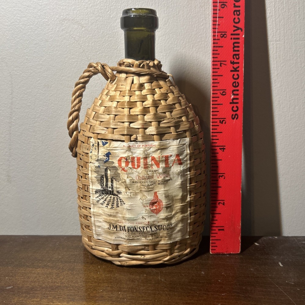 1960s Vintage Wicker Wrapped Glass Quinta Lisbon Portugal Wine Bottle Empty