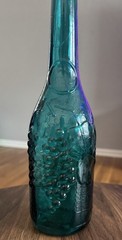 Vintage Teal Glass Bottle 11.25&Prime;H Grape Motif Spanish Glass Wine Carafe