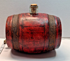 Rare Old Leather Wrapped Wine Barrel,Cork Top Glass Keg & Brass Tap,Vinegar Jar