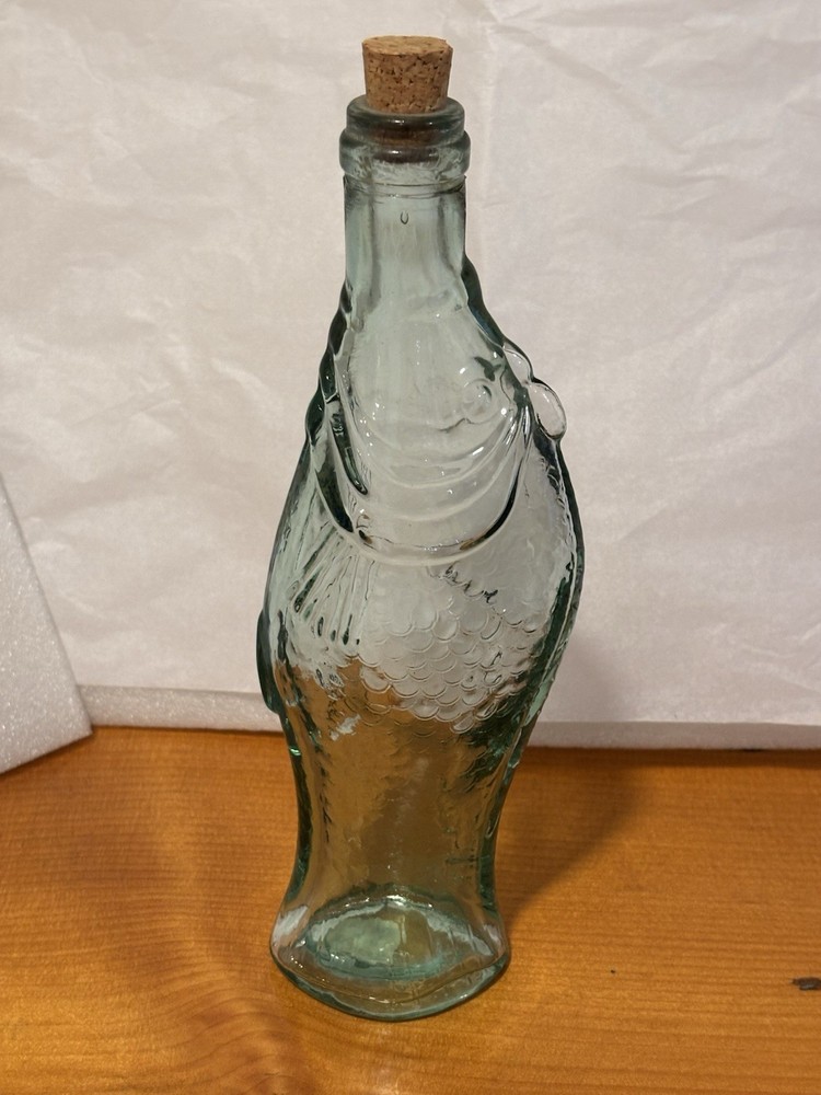 Fish Shaped Vintage Light Green Glass Bottle/Decanter With Cork 10” Tall