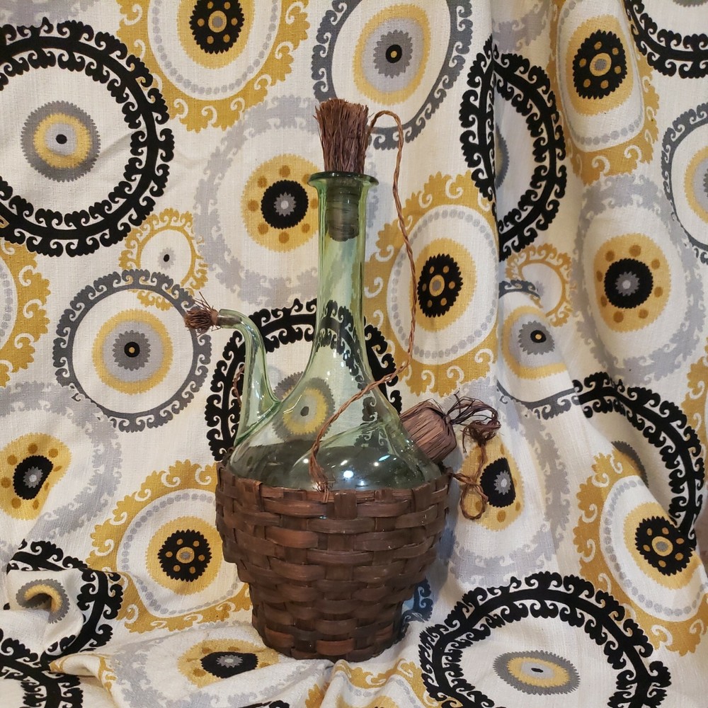 Vintage Blown Glass Green Wine Bottle Wicker Basket Ice Pocket EVC