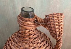 Antique Wicker Wrapped One Gal. Aqua Wine/Rum Demijohn Glass Jug w/ Cap