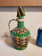 Vintage Plastic Wicker Wrapped Glass Bottle Decanter Woven Spanish Burgundy 1959