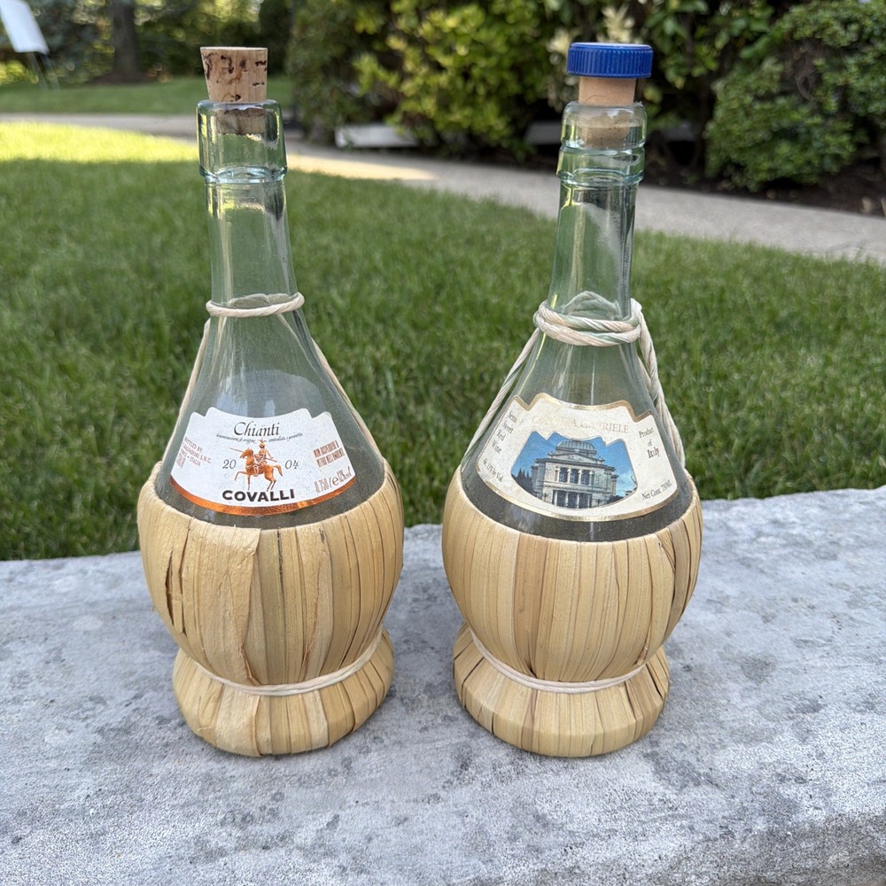 Lot of 2 Wine Glass Bottles in Wicker Straw Baskets w/ Cork Stoppers