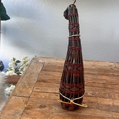 Vintage Plastic Wicker Wrapped Wine Bottle Decanter Iberia 60’s Red Brown Black