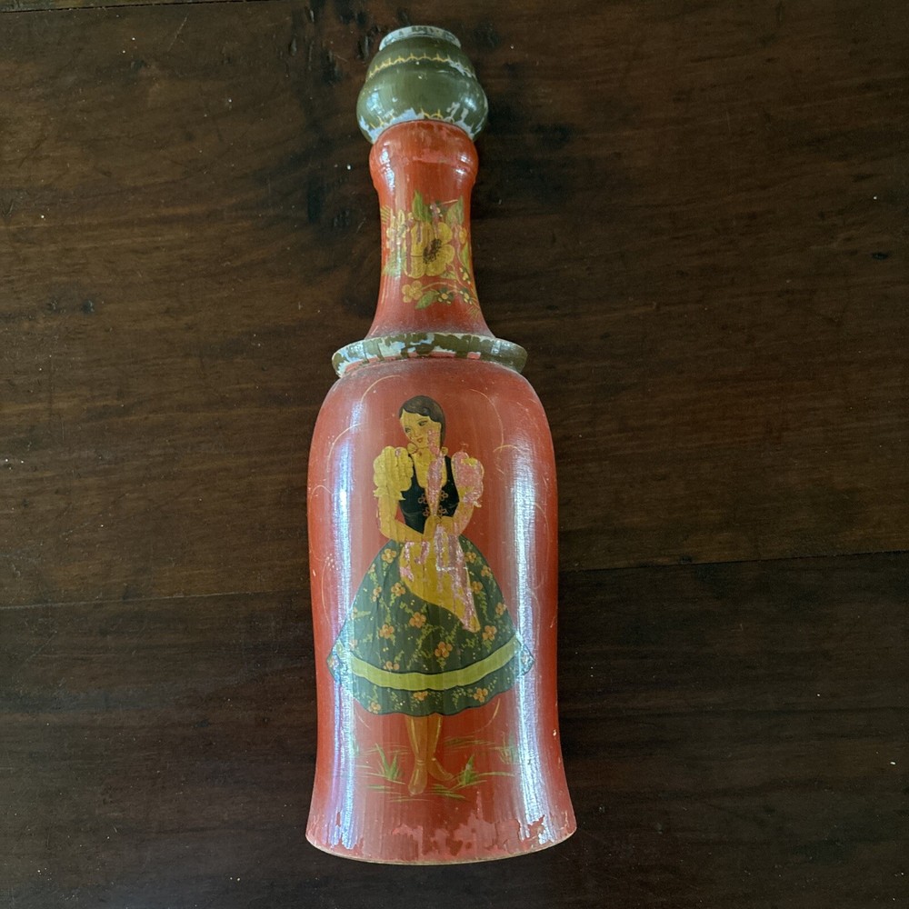Vintage European Folk Art Wine Bottle Sleeve Painted Wood