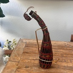 Vintage Plastic Wicker Wrapped Wine Bottle Decanter Iberia 60’s Red Brown Black
